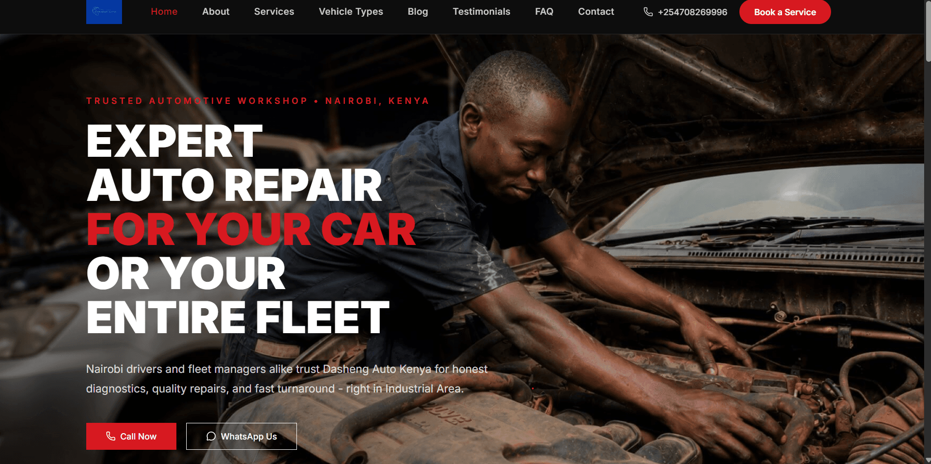 Homepage of the Dasheng Auto Kenya website built by Wekaflow