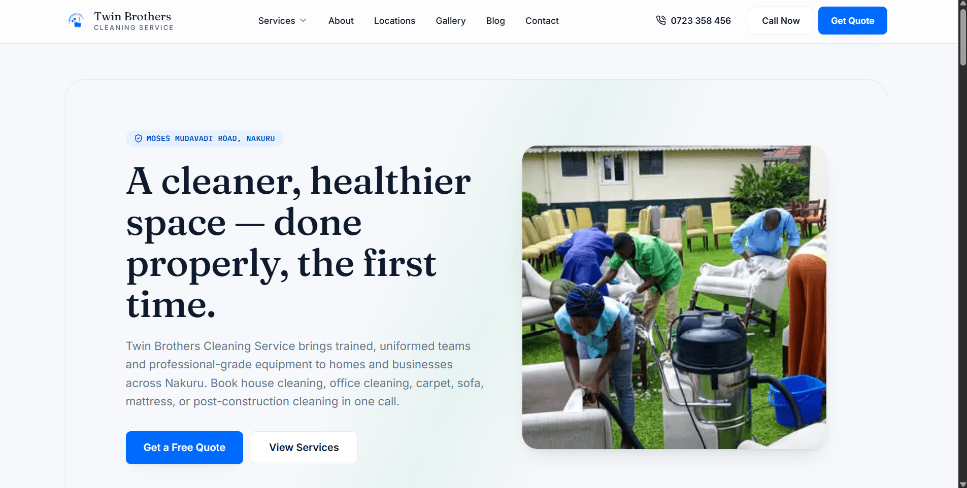 Homepage of the Twin Brothers Cleaning Service website built by Wekaflow